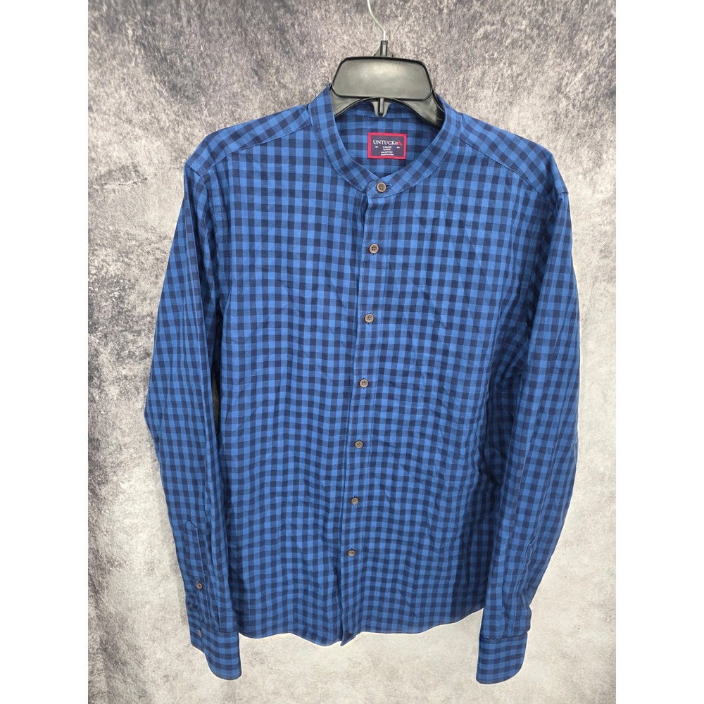 UNTUCKit Shirt Mens Large Blue Gingham Check Band Collar Preppy Casual Preppy